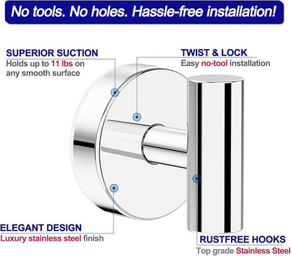 Suction Cup Hooks, Shower Hooks for Inside Shower – Removable Towel Hooks for Bathroom Window Glass Mirror Tile, Bath Robe Looafh Hook for Hanging – Waterproof & Rustproof, Chrome (2 Pack)