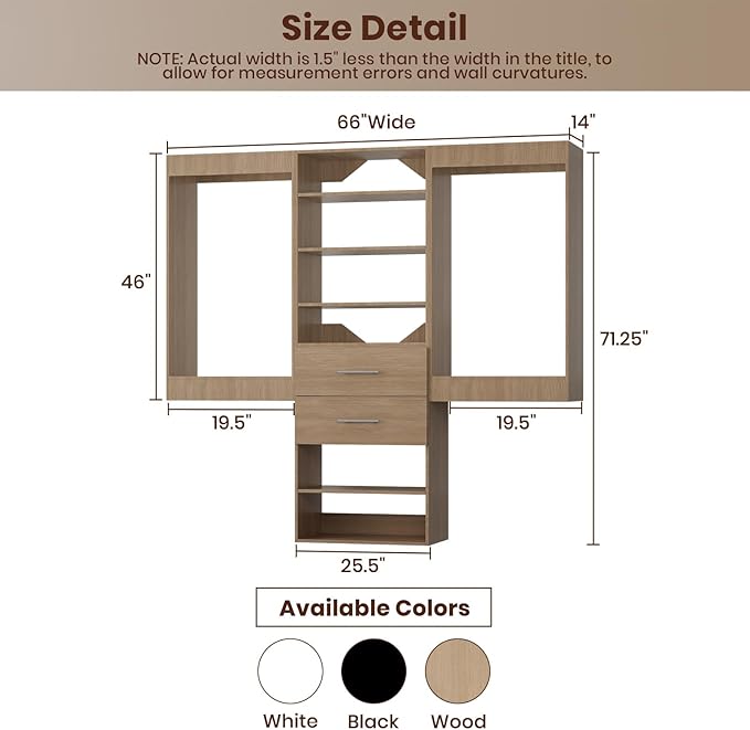 ROOMTEC Modular Closet System, 66" Wall Mounted Closet Organizer with Hanging Rods and Drawers, Wooden Tower for Walk-In Closets, Wardrobe Storage Kit, Wood