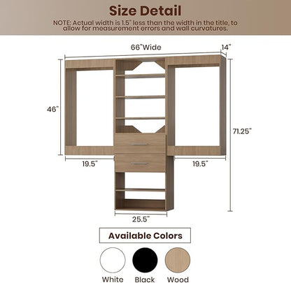 ROOMTEC Modular Closet System, 66" Wall Mounted Closet Organizer with Hanging Rods and Drawers, Wooden Tower for Walk-In Closets, Wardrobe Storage Kit, Wood