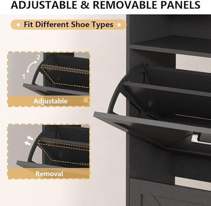 Shoe Cabinet with 2 Flip Drawers, Freestanding Hidden Shoe Storage Organizer for Entryway, Narrow Slim Shoe Rack Cabinet with Open Storage & Hooks for Front Door Entrance, Living Room, Hallway, Black