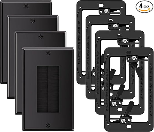Brush Wall Plate with Mounting Bracket, 4 Pack Cable Pass Through Decorator Cover for Low Voltage Wires, Single Gang Cord Hider for TV Home Theater System, Black