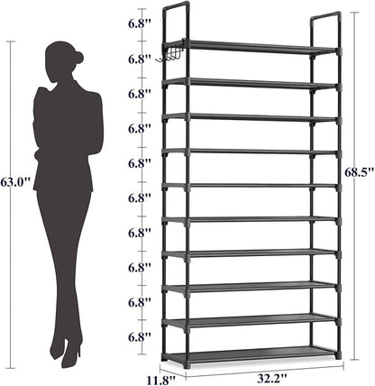 Kitsure Shoe Rack for Closet - 10-Tier Shoe Organizer with Hook Rack, Large-Capacity & Space-Saving Shoe Shelf for Entryway, Bedroom, Living Room,32.2" x 11.8" x 68.5", Black