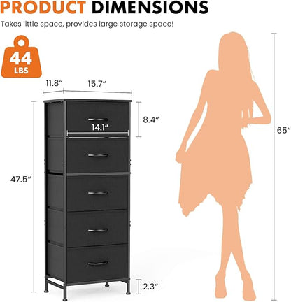 Sweetcrispy 5 Drawer Dresser with Fabric Bins, Sturdy Steel Frame and Wood Top, Storage Organizer Chest for Bedroom, Closet, Hallway, Black