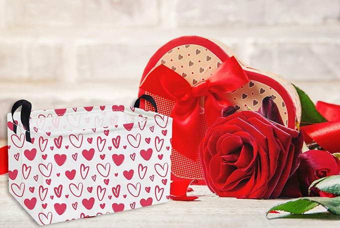 Essme Rectangular Valentine's Day Basket,Pink Heart Storage Bins Organizer with Handles for Girls Room Decor, Gift Basket,Shelf Basket.(Pink Valentine's Day)