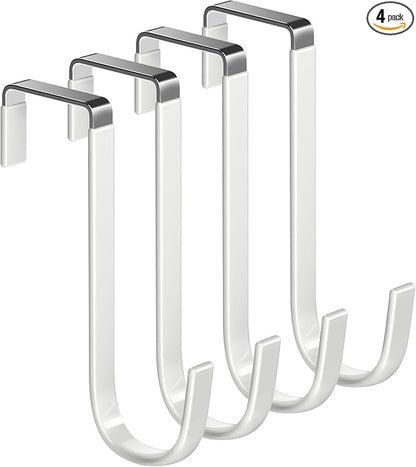 Over the Door Hooks 4Pcs L=5.5" Fit 1 3/8" Door Steel with White Rubber Coating Hanging Towel Robe Clothing Hanger for Bathroom Room Wreath Ironing Board Holder Cute Thin Single Heavy Duty