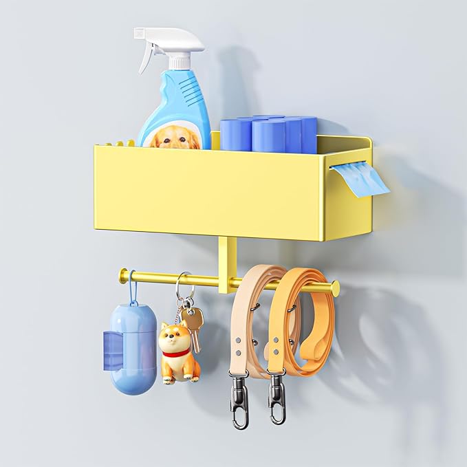 Dog Leash Holder for Wall, Dog Leash Hooks, Pet Stuff Organizer with Shelf Storage, Metal Key Holder, Leash Hangers Organizer Rack for Pet Collar, Toys, Treats, Poop Bag (Gold)