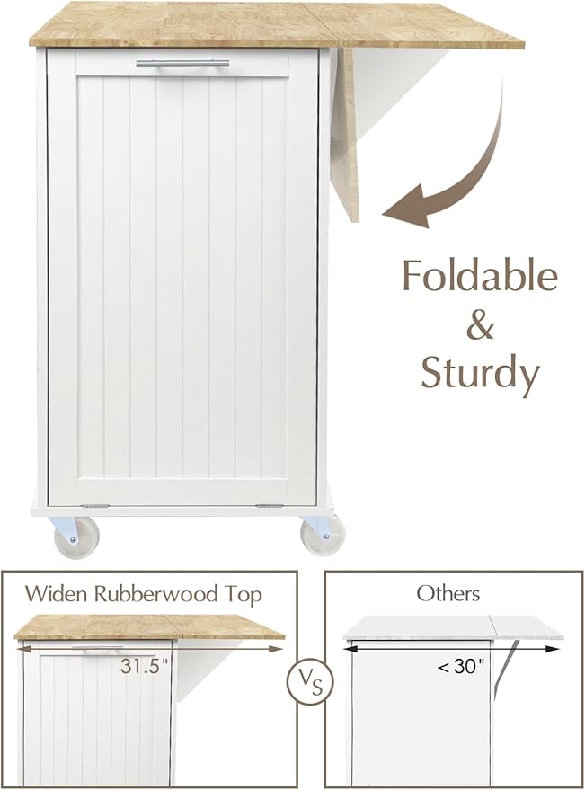 Kitchen Island with Storage, 31.5" D Rolling Kitchen Island Cart on Wheels with Widen Drop Leaf Rubberwood Top, Large Mobile Kitchen Islands with Trash Can Storage and Towel Bar, White