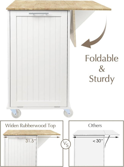 Kitchen Island with Storage, 31.5" D Rolling Kitchen Island Cart on Wheels with Widen Drop Leaf Rubberwood Top, Large Mobile Kitchen Islands with Trash Can Storage and Towel Bar, White