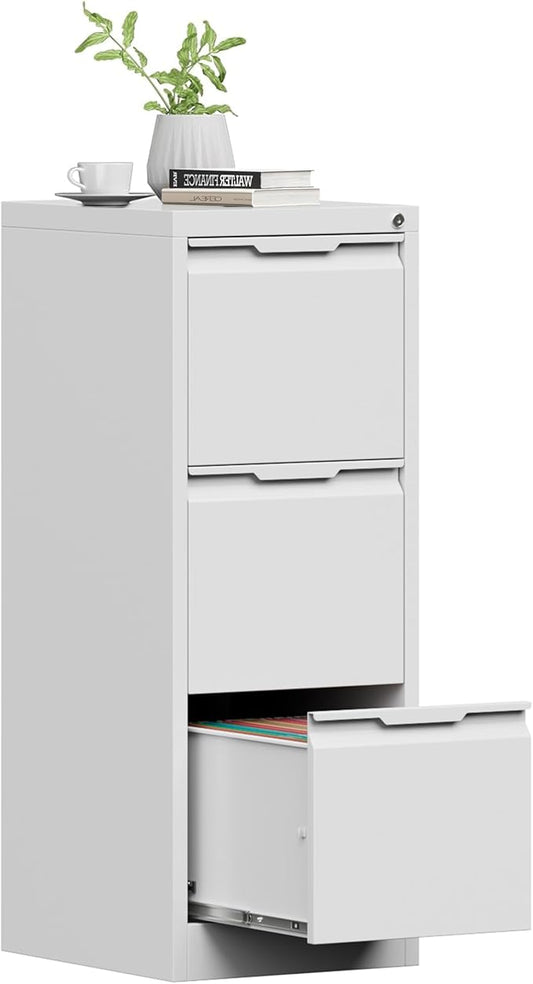 3 Drawer File Cabinet with Lock, White Vertical Filing Cabinets for Home Office, Locking Metal File Cabinet for Letter/Legal/A4/F4 Size, Assemble Required