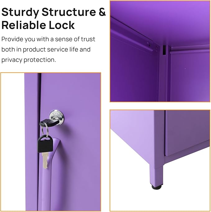 ALBAD Compact Metal Nightstand with Lockable Cabinet and Open Shelf, Modern Bedside Table, Versatile Side Table for Bedroom, Living Room, or Office (Purple, 26" H-Lockable Door)