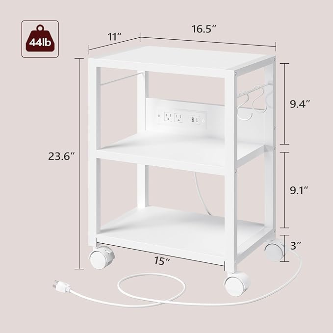 Industrial Printer Cart, 3-Tier Mobile Printer Stand, Rolling Cart with 2 AC Outlets and 2 USB Ports, Home Printer Stand with 2 Hooks, for Office, Living Room, White PTWT40E01