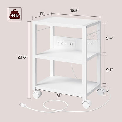 Industrial Printer Cart, 3-Tier Mobile Printer Stand, Rolling Cart with 2 AC Outlets and 2 USB Ports, Home Printer Stand with 2 Hooks, for Office, Living Room, White PTWT40E01
