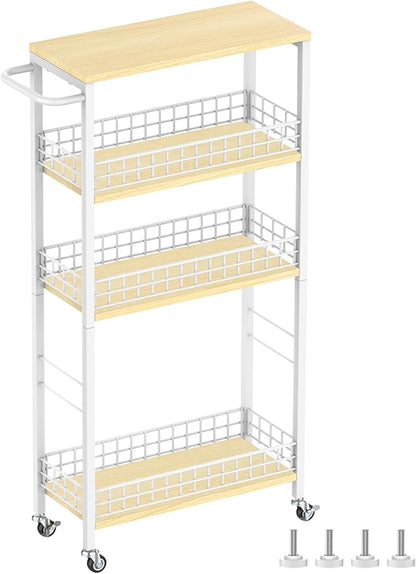 YBING Slim Storage Cart 4-Tier Rolling Kitchen Utility Cart White Narrow Laundry Storage Cart on Wheels and Wood Table Top Mobile Shelving Unit Organizer Trolley for Bathroom Small Space 7.3" W