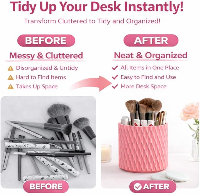 360° Rotating Makeup Brush Holder, 5-Slot Cosmetic Organizer Cup for Vanity, Desk & Bathroom Countertop, Pink