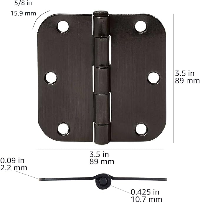 Amazon Basics Rounded 5/8 Radius Interior Door Hinges with Screws, 3.5" x 3.5", Oil Rubbed Bronze, 18-Pack