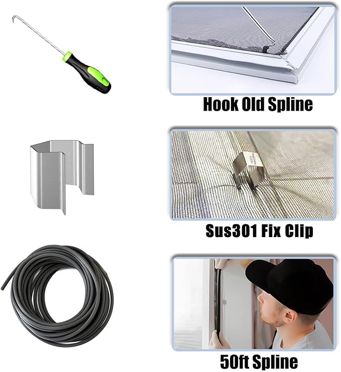 King&Charles Window Screen Door Repair/Replacement Kit, Include Black Screen Mesh 48"x118"+ 2 Roller+50Ft Spline+8Clips+Hook, 6 in 1 Window Mesh Kit, Steel/Nylon Bearing Roller