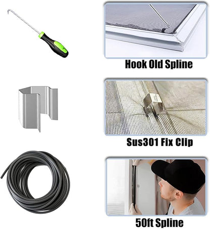 King&Charles Window Screen Door Repair/Replacement Kit, Include Black Screen Mesh 48"x118"+ 2 Roller+50Ft Spline+8Clips+Hook, 6 in 1 Window Mesh Kit, Steel/Nylon Bearing Roller