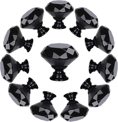 YourGift 12 Pack Drawer Knobs Diamond Shaped Crystal Glass 40mm Cabinet Knobs Pull Handles (40 mm, 12 Pack, All Black)