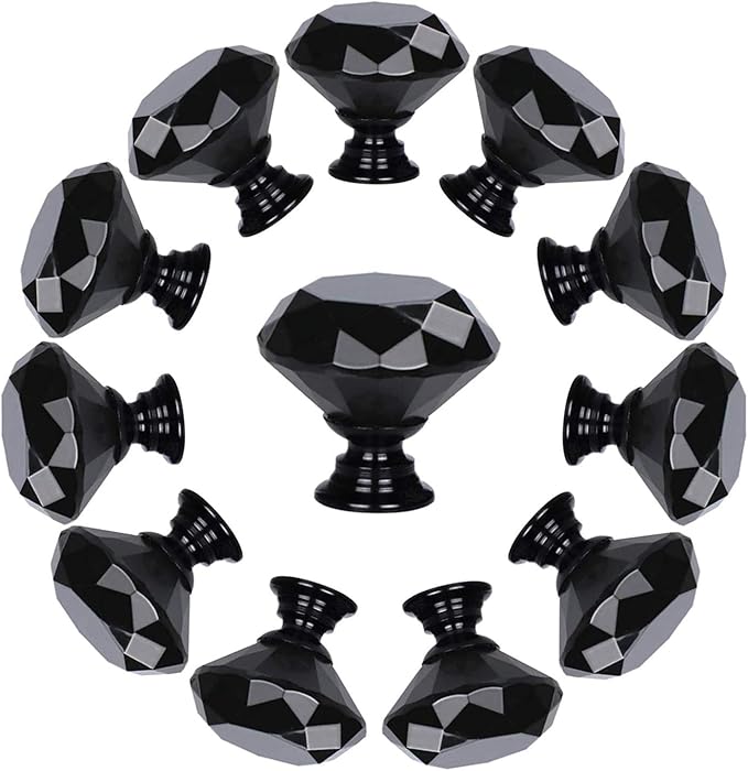 YourGift 12 Pack Drawer Knobs Diamond Shaped Crystal Glass 30mm Cabinet Knobs Pull Handles (30 mm, 12 Pack, All Black)