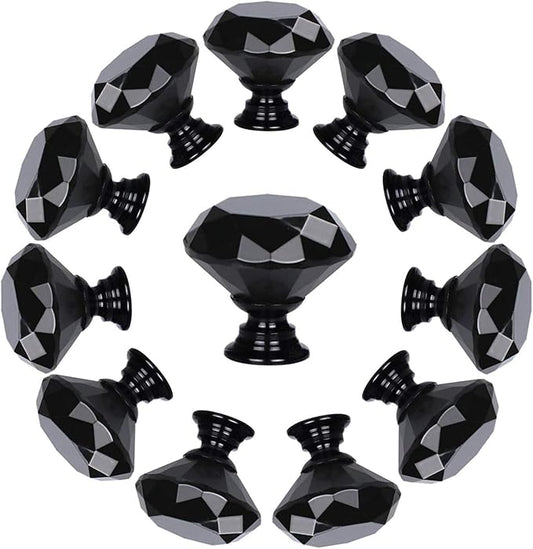 YourGift 12 Pack Drawer Knobs Diamond Shaped Crystal Glass 30mm Cabinet Knobs Pull Handles (30 mm, 12 Pack, All Black)