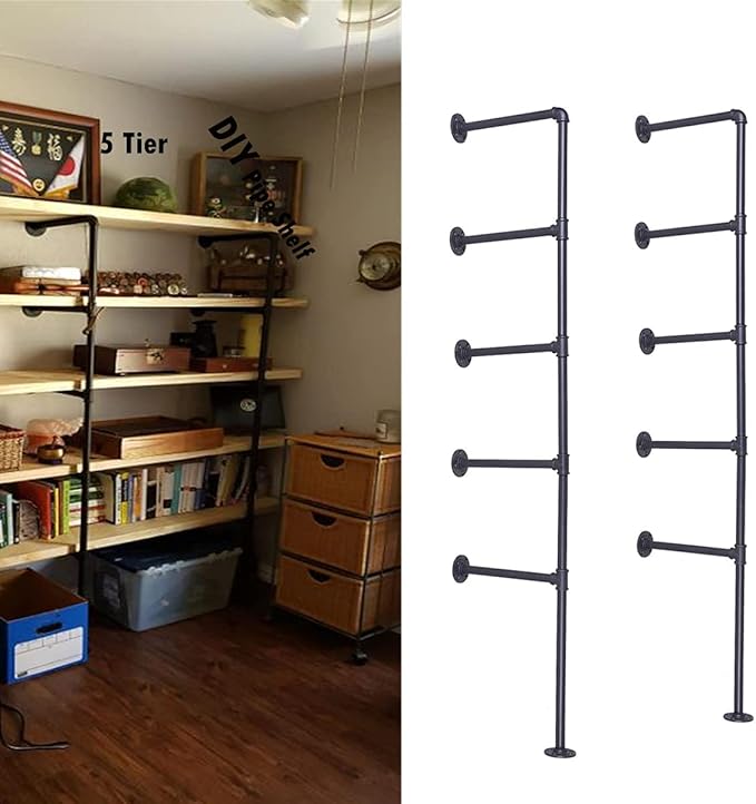 (68" Tall,10"deep)Industrial Wall Mount Iron Pipe Shelf Shelves Shelving Bracket Vintage Retro Ceiling Hung shelf Black DIY Open Bookshelf Storage offcie Room Kitchen (2PcsX5Tier,Hardware Only)