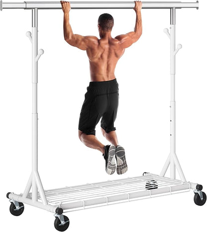 Heavy Duty Clothes Rack, 530 lbs Load Capacity Metal Garment Rack on Wheels - Collapsible Adjustable Portable Storage with Hooks, White