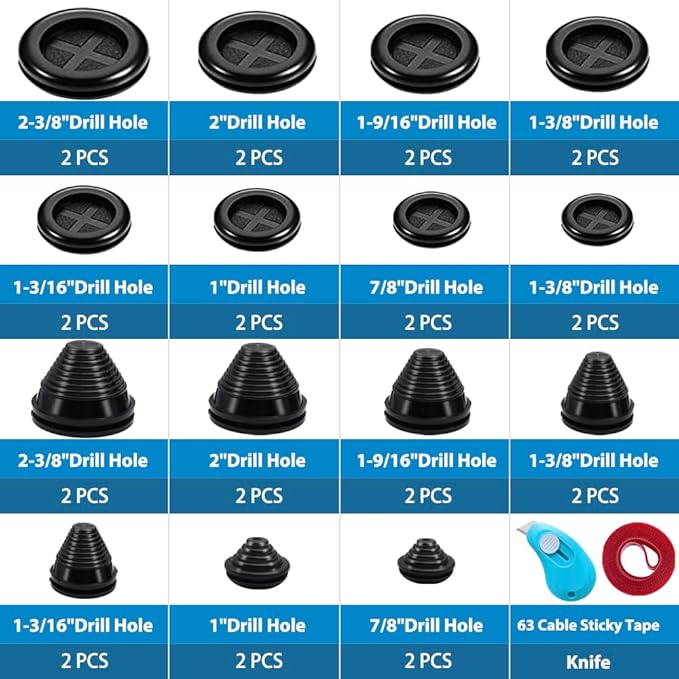 Vrupin 32 Piece Closed Rubber Grommet Firewall Solid Closed Hole Plug Kit, Tower and Round Double Sided Rubber Hole Plugs for Wire Electrical Plumbing Systems.