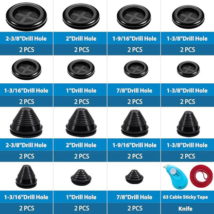 Vrupin 32 Piece Closed Rubber Grommet Firewall Solid Closed Hole Plug Kit, Tower and Round Double Sided Rubber Hole Plugs for Wire Electrical Plumbing Systems.