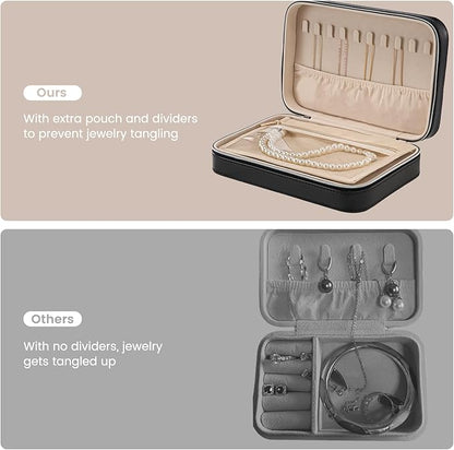 Lolalet Travel Jewelry Case for Women Girls, Travel Jewelry Organizer Box with Mirror & Clear Storage Bag, Small Portable Earring Necklace Bracelet Ring Case, Birthday Valentine Gifts -Medium, Black