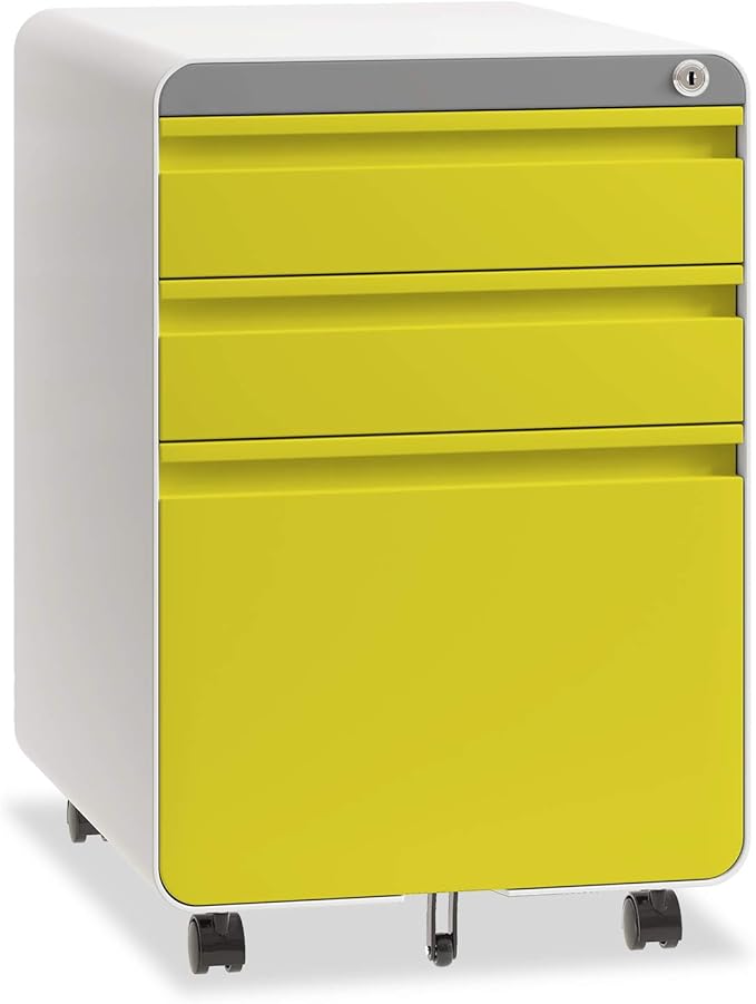 Dripex 3 Drawer File Cabinet, Metal Filing Cabinets with Lock Wheels & Hanging Rail for A4/Legal/Letter File, Anti-tilt Under Desk Design, Lockable Rolling Mobile File Cabinet for Home Office (Yellow)