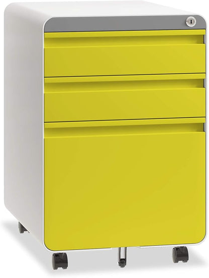Dripex 3 Drawer File Cabinet, Metal Filing Cabinets with Lock Wheels & Hanging Rail for A4/Legal/Letter File, Anti-tilt Under Desk Design, Lockable Rolling Mobile File Cabinet for Home Office (Yellow)