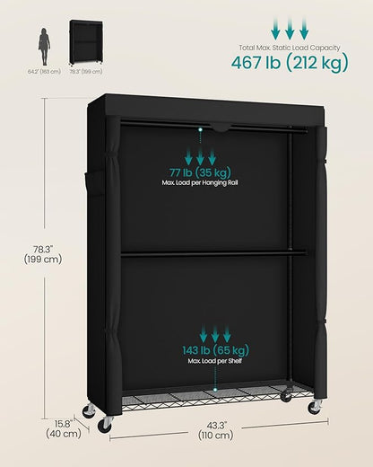 SONGMICS Heavy-Duty Rolling Clothes Rack, Garment Rack, Portable Closet on Wheels, with Adjustable Mesh Shelves and Hanging Rails, Fabric Cover, 15.8 x 43.3 x 78.3 Inches, Ink Black ULGR419BH01