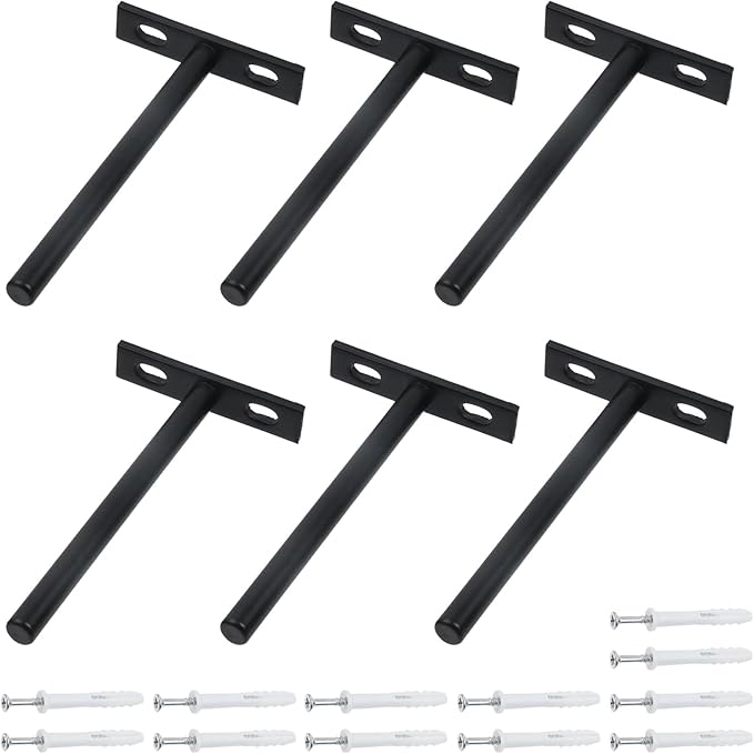 Antrader 5 Inch Solid Steel Floating Shelf Brackets, 6Pcs Blind Shelf Supports (Large) Hidden Floating Wall Shelf Support Bracket for Floating Wood Shelves, Matte Black