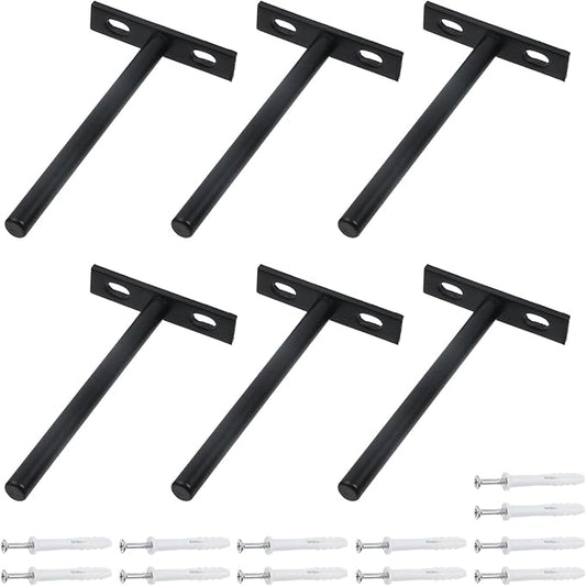 Antrader 5 Inch Solid Steel Floating Shelf Brackets, 6Pcs Blind Shelf Supports (Large) Hidden Floating Wall Shelf Support Bracket for Floating Wood Shelves, Matte Black