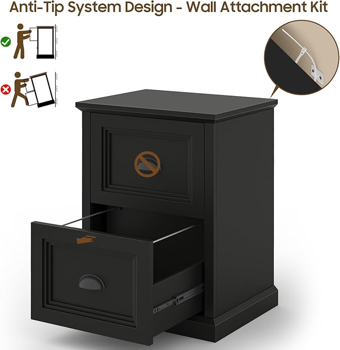 Vertical File Cabinet, Filing Cabinet with 2 File Drawers, Farmhouse Small File Cabinet Fits Letter/A4 Size, Wooden Printer Stand, Under Desk Cabinets for Home Office, Black