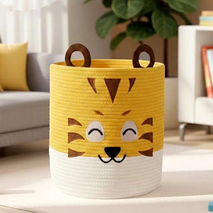 Collapsible Kids Laundry Basket & Toy Storage Organizer | Large Tiger Woven Cotton Rope Bin for Stuffed Plushies | Cute Animal Design Hamper with Cutout Handles for Nursery, Playroom & Living (Tiger)
