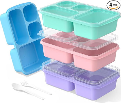 Bento Lunch Box - 4 Pack, Snack Box Containers Meal Prep Container Microwave Safe, Lunch Box of 4-Compartment, Bento Box Adult Lunch Box, Dishwasher Safety (PP(B/P/G/P))