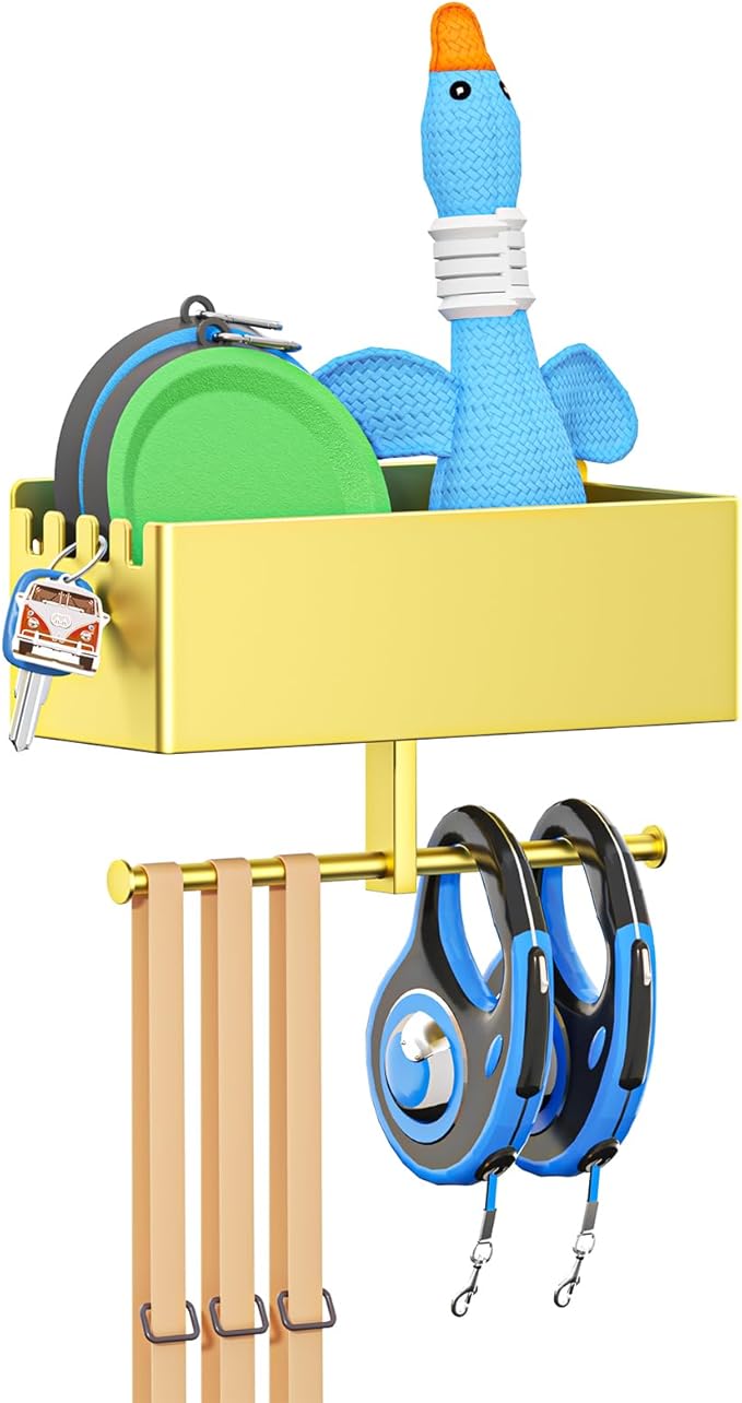 Dog Leash Holder for Wall, Dog Leash Hooks, Pet Stuff Organizer with Shelf Storage, Metal Key Holder, Leash Hangers Organizer Rack for Pet Collar, Toys, Treats, Poop Bag (Gold)