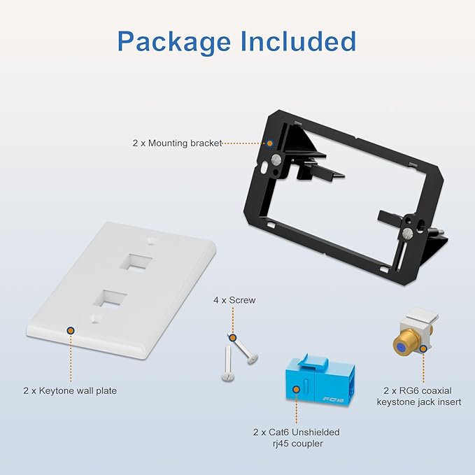 FGB 10Gbps Coax Wall Plate, 2 Port CAT6 Wall Plate with Low Voltage Mounting Bracket and Gold Plated Coax Keystone Jack Insert, 2 Pack