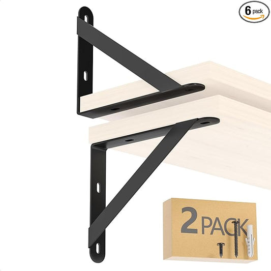 6x4.5 Shelf Brackets 2-Pack, Shelf Support Shelf Holder Steel Wall Mount Heavy Duty Small L Shape Triangle 90 Degree Metal Black with Screws Anchors Soporte de Estante