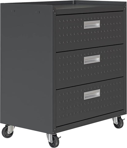 Manhattan Comfort Fortress 31.5-Inch Rolling Garage Tool Chest, 3-Drawer Lockable Mobile Storage Cabinet, Diamond-Textured Steel Utility Organizer with Wheels for Basement, Workshop in Charcoal Grey