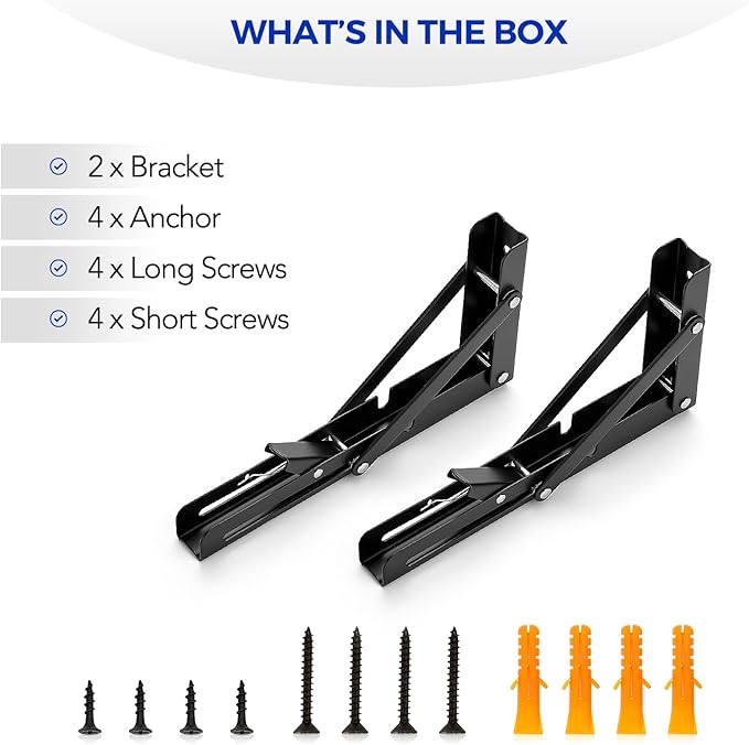 Ravinte 2 Pack 8 Inch Folding Shelf Brackets – Matte Black, Heavy Duty Collapsible Brackets for Tables and Benches – Space-Saving Design