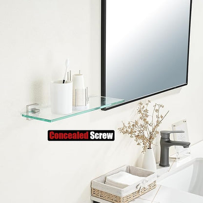 JQK Bathroom Glass Shelf, Floating Tempered Glass Shower Storage 16 by 5 inches, 304 Stainless Steel Brushed Finish Wall Mount 2 Pack, TGS201L16-BN-P2