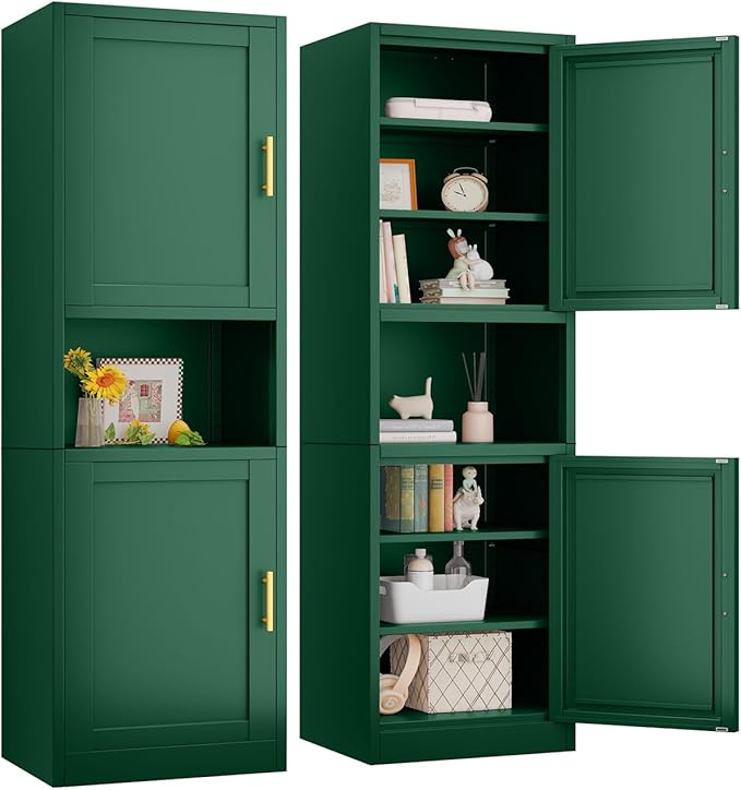 67" Tall Narrow Storage Cabinet Metal Bathroom Cabinet with 2 Doors & 4 Adjustable Shelves, Standing Pantry Cabinets Cupboard for Kitchen, Dining Room, Living Room and Bathroom (Green)