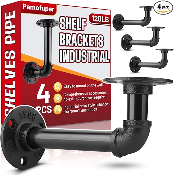 4 Pack Shelf Brackets for 7-14 in Floating Wooden Board Pipe Shelf Brackets, Heavy Duty Pipe Shelving Bracket, L Industrial Shelving Brackets, Shelves Bracket, Black