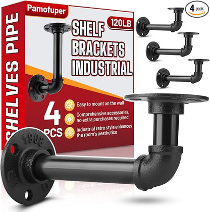 4 Pack Shelf Brackets for 7-14 in Floating Wooden Board Pipe Shelf Brackets, Heavy Duty Pipe Shelving Bracket, L Industrial Shelving Brackets, Shelves Bracket, Black