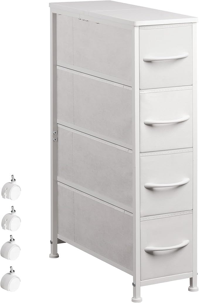 Narrow Dresser Storage Tower with 4 Drawers, Slim Dresser Chest of Drawers with Steel Frame, Wood Top, Dresser for Bedroom, Bathroom, Small Spaces, Laundry, Closet (White)