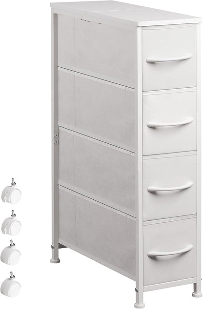 Narrow Dresser Storage Tower with 4 Drawers, Slim Dresser Chest of Drawers with Steel Frame, Wood Top, Dresser for Bedroom, Bathroom, Small Spaces, Laundry, Closet (White)