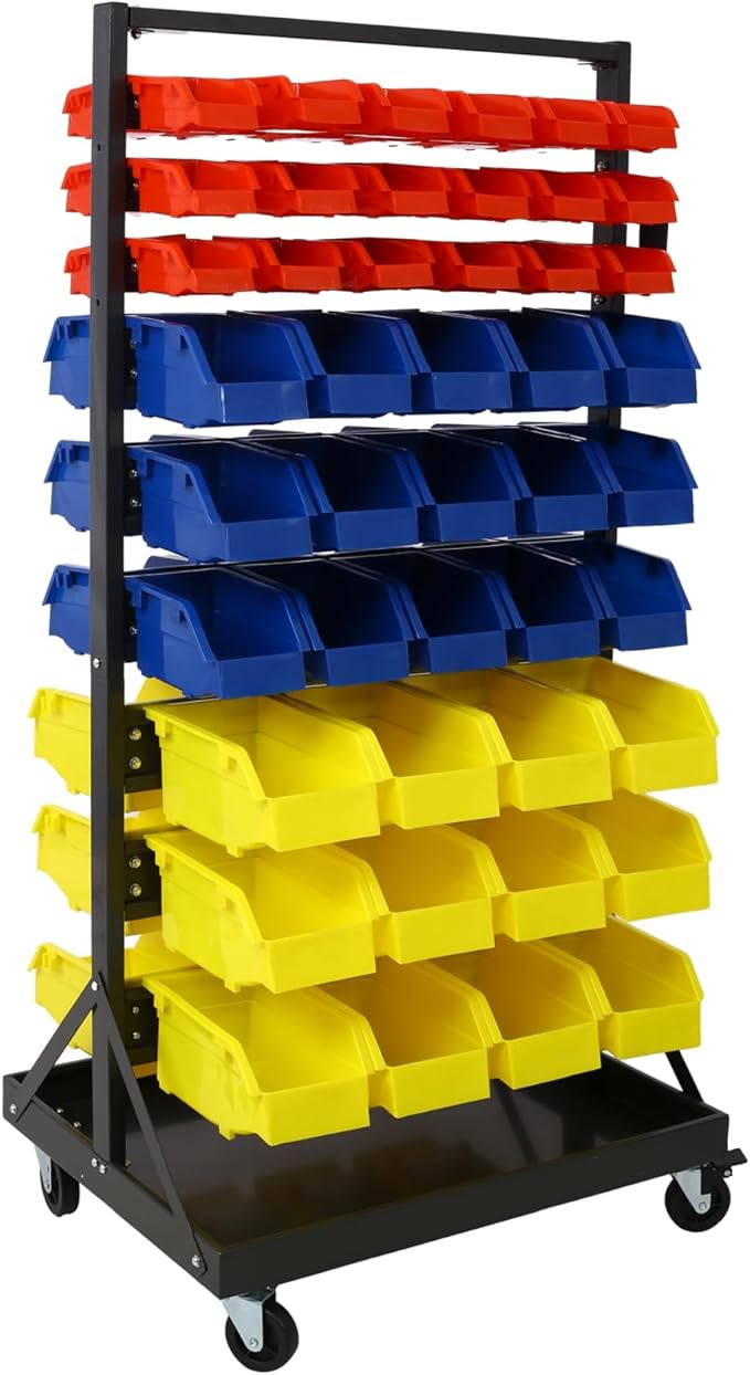 Montary 90 Parts Bin Shelving Storage Organizer with Locking Wheels, 9-Tier Dual-Sided Rolling Steel Shelf 450 lbs Capacity, for Shop Garage and Home