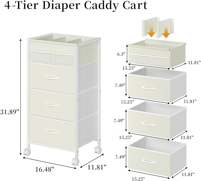 4-Tier Baby Diaper Caddy Organizer Cart with 3 Storage Drawers, Rolling Cart with Dividers & Side Pockets for Nursery, Baby Essentials, Toys, Wipes & Creams, Portable Baby Storage Cart & Station